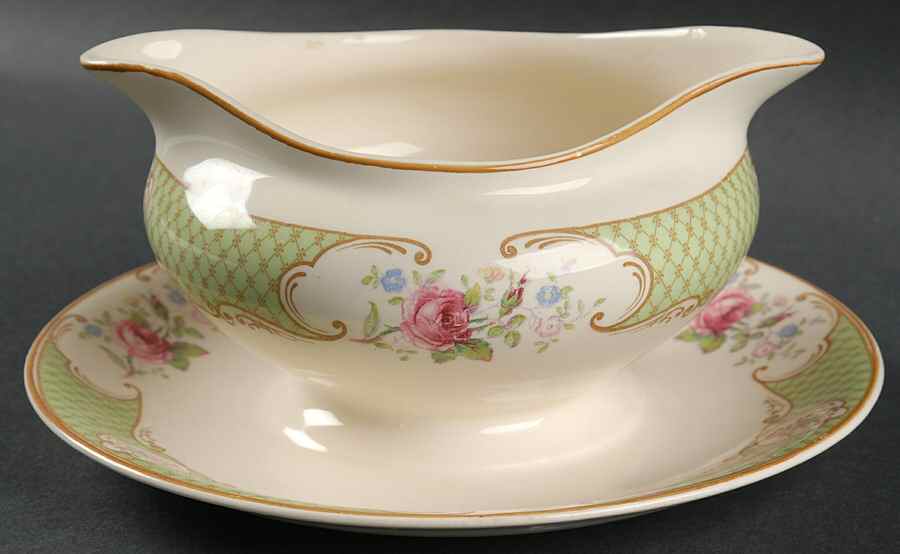 Staffordshire Rose Green Gravy Boat with Attached Underplate by Myott Staffordshire-1