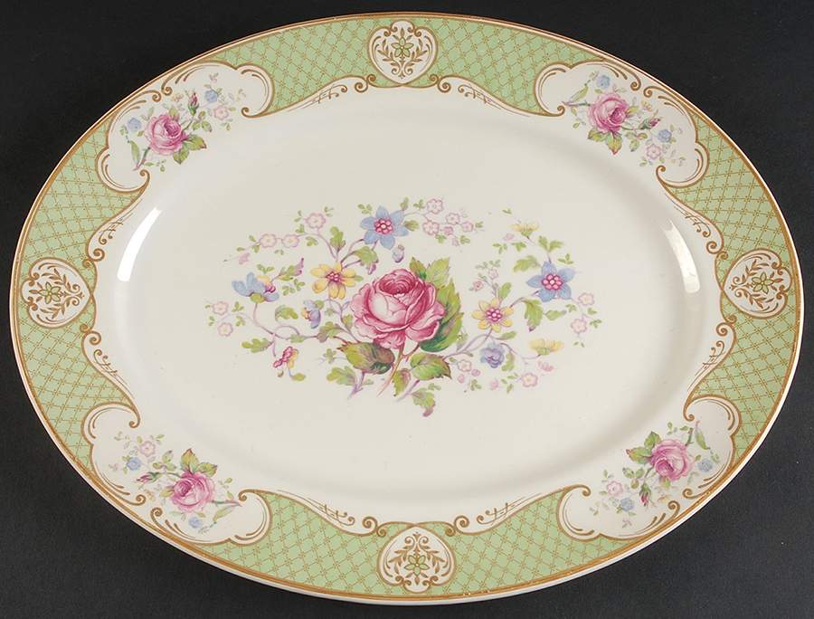 Staffordshire Rose Green 14" Oval Serving Platter by Myott Staffordshire-1