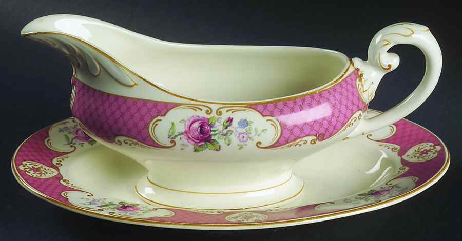 Staffordshire Rose Pink Gravy Boat & Underplate/Relish by Myott Staffordshire-1