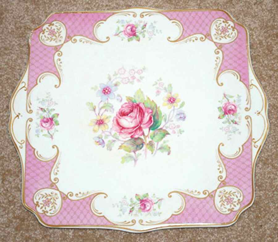 Staffordshire Rose Pink Square Handled Cake Plate by Myott Staffordshire-1