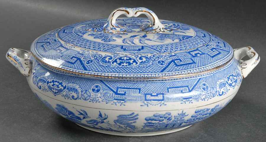 Willow Blue (Gold Trim) Round Covered Vegetable by Myott Staffordshire-1