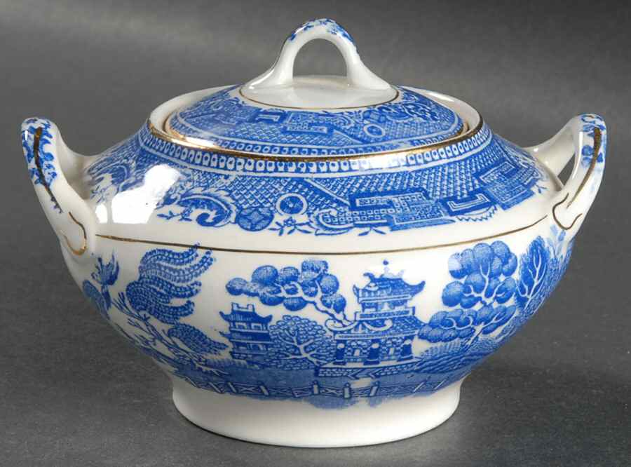 Willow Blue (Gold Trim) Sugar Bowl & Lid by Myott Staffordshire-1