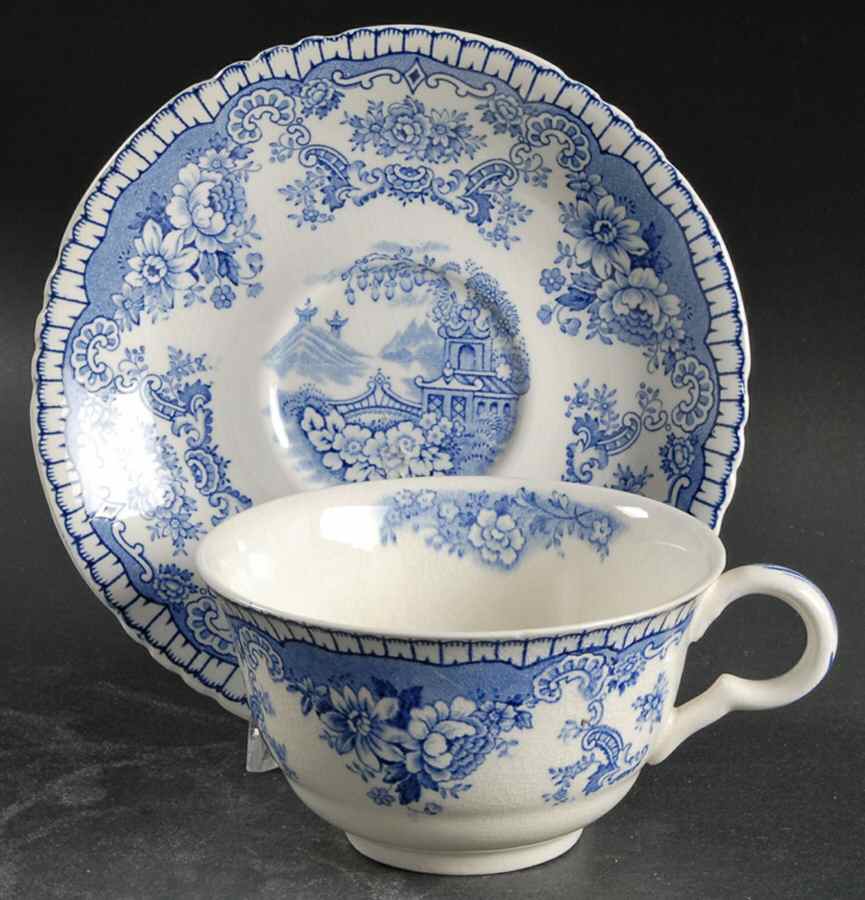 Bombay Blue (Semi-Scalloped) Flat Cup & Saucer Set by John Maddock & Sons-1