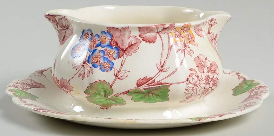 Florette Pink Multicolor Gravy Boat with Attached Underplate by Alfred Meakin-1