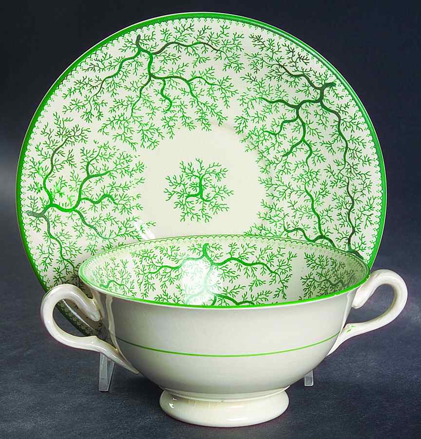 Fibre-Green Footed Cream Soup Bowl & Saucer Set by Minton-1