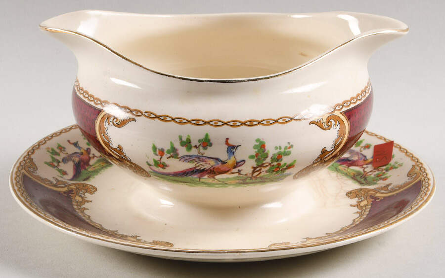 Chelsea Bird Red Round Gravy Boat/Attached Underplate by Myott Staffordshire-1