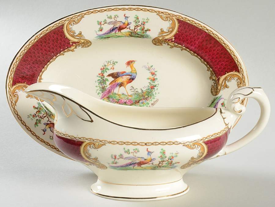 Chelsea Bird Red Gravy Boat & Underplate/Relish by Myott Staffordshire-1