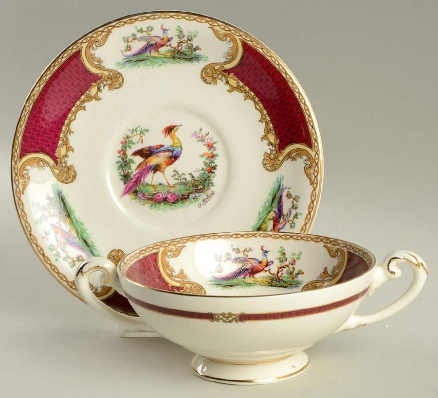 Chelsea Bird Red Footed Cream Soup Bowl & Saucer Set by Myott Staffordshire-1