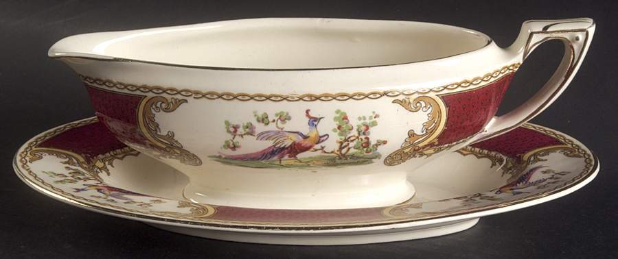 Chelsea Bird Red Gravy Boat & Underplate/Relish by Myott Staffordshire-1