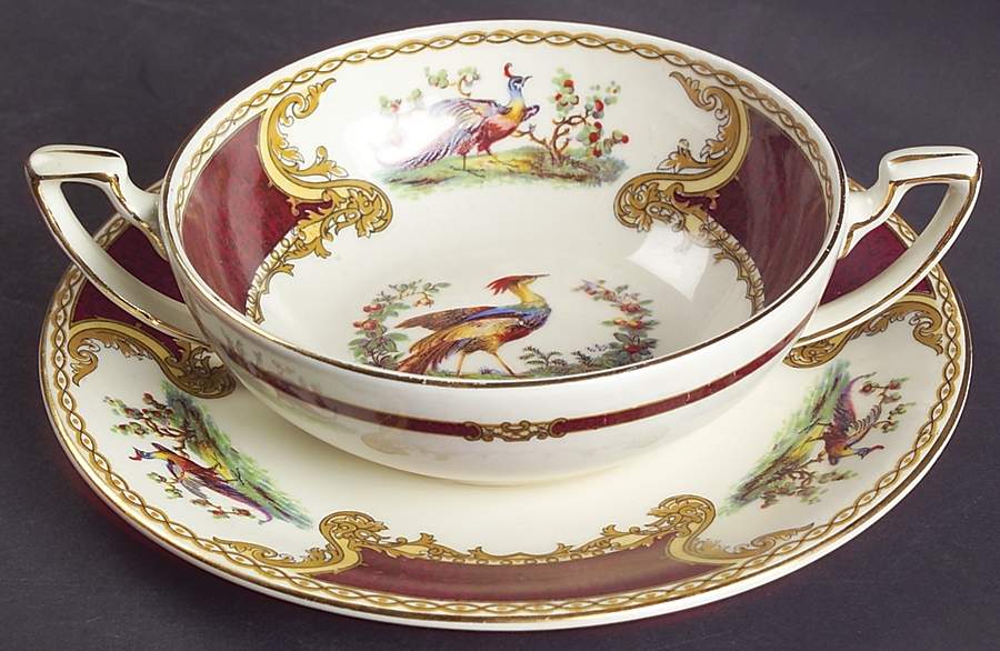 Chelsea Bird Red Flat Cream Soup Bowl & Saucer Set by Myott Staffordshire-1