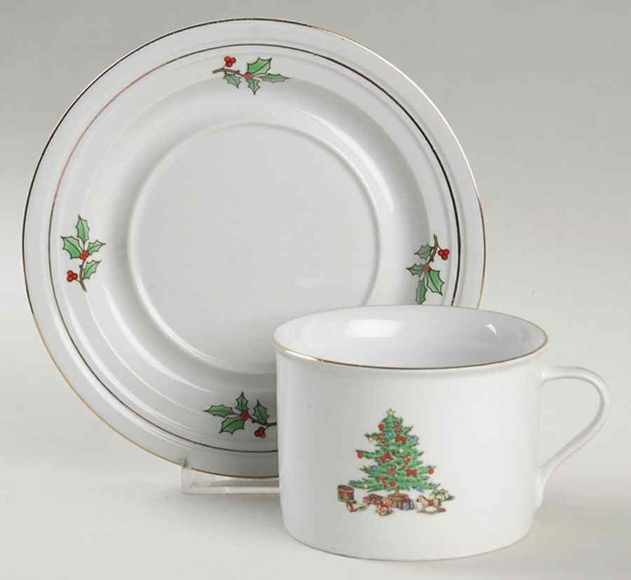 Home for the Holidays (Gold Band&Trim) Flat Cup & Saucer Set by Meiwa-1