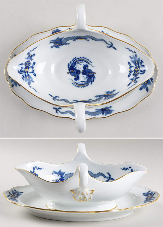 Dragon Blue (Gold Accent) Gravy Boat with Attached Underplate by Meissen (Germany)-1