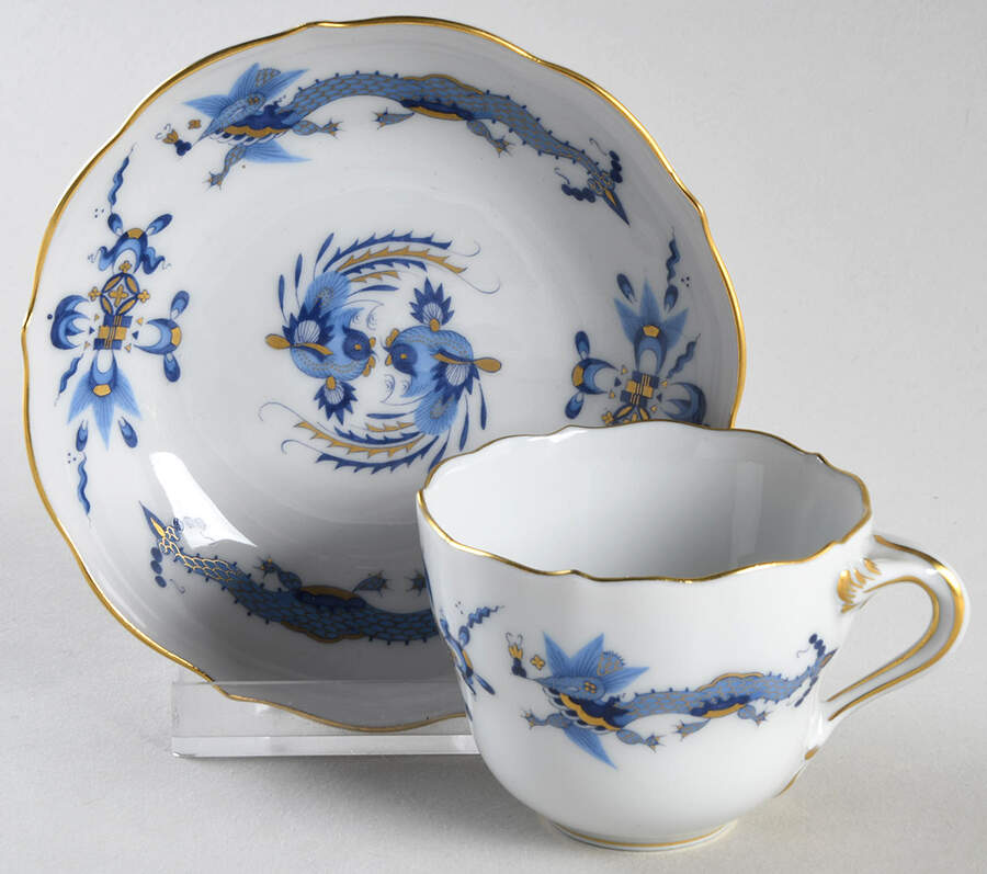 Dragon Blue (Gold Accent) Flat Demitasse Cup & Saucer Set by Meissen (Germany)-1