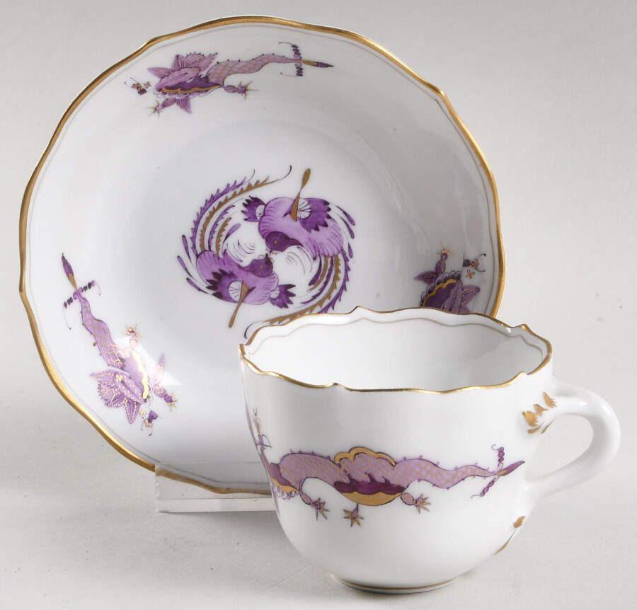 Dragon Lilac (Gold Accent) Flat Demitasse Cup & Saucer Set by Meissen (Germany)-1