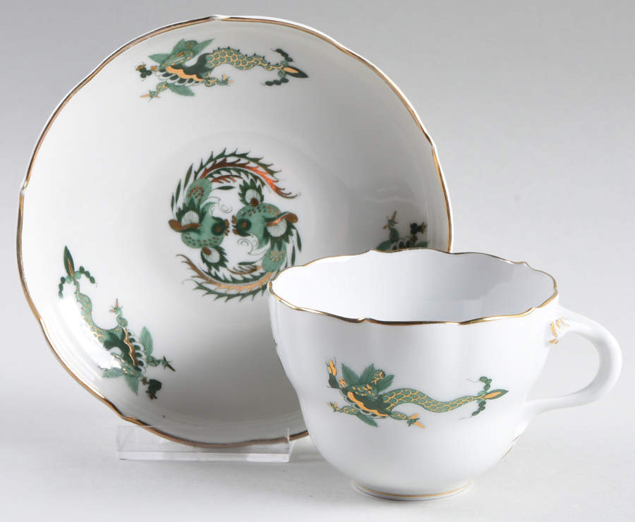 Dragon Green Flat Cup & Saucer Set by Meissen (Germany)-1