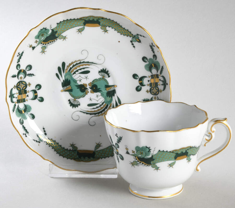 Dragon Green Footed Cup & Saucer Set by Meissen (Germany)-1