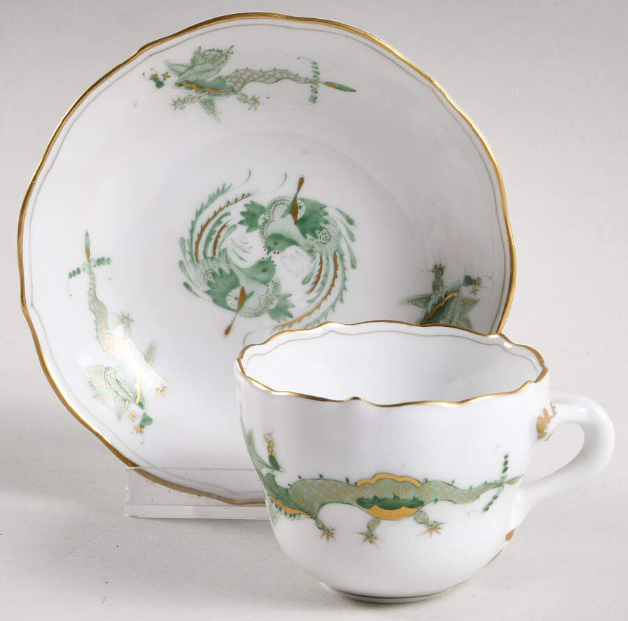 Dragon Green Flat Demitasse Cup & Saucer Set by Meissen (Germany)-1