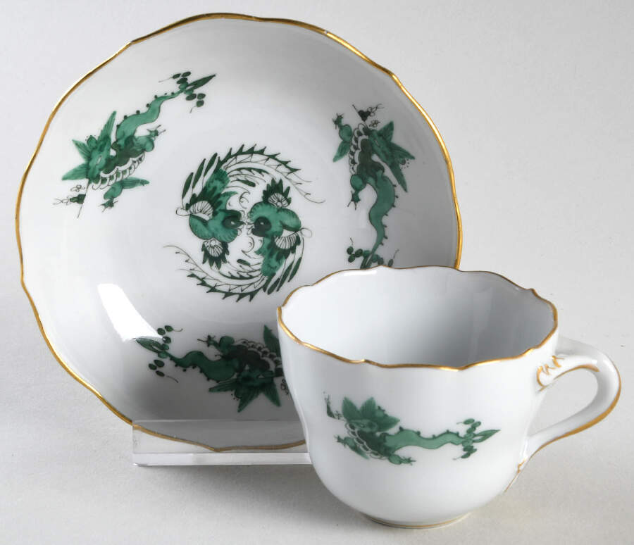 Dragon Green Flat Demitasse Cup & Saucer Set by Meissen (Germany)-1