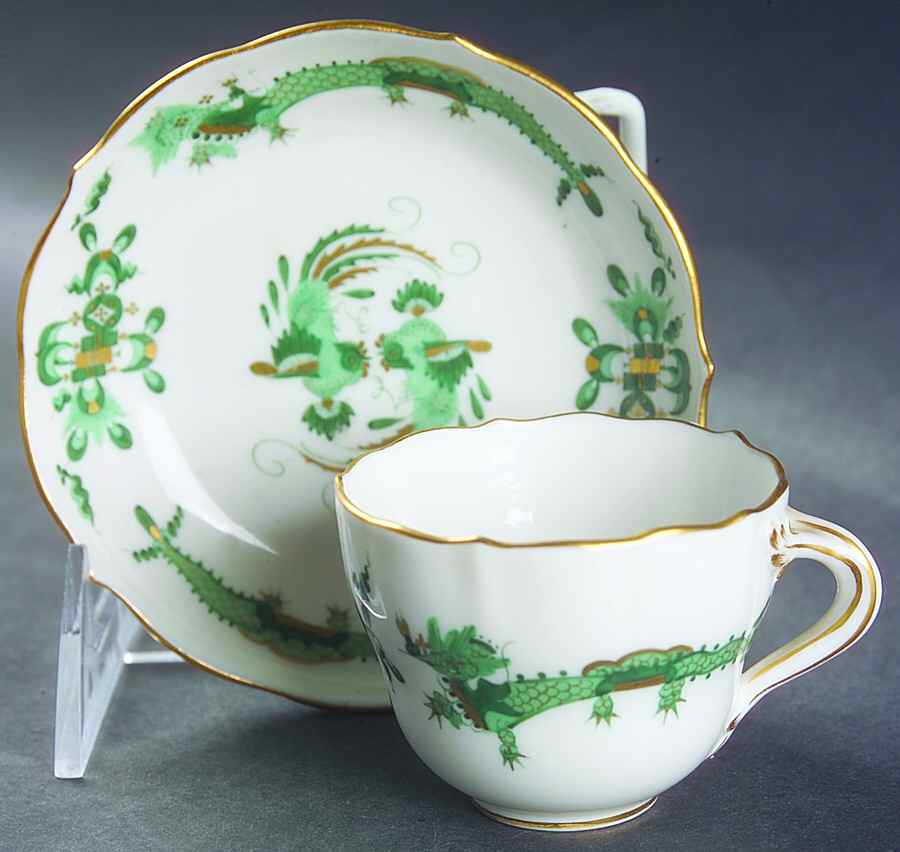 Dragon Green Flat Demitasse Cup & Saucer Set by Meissen (Germany)-1