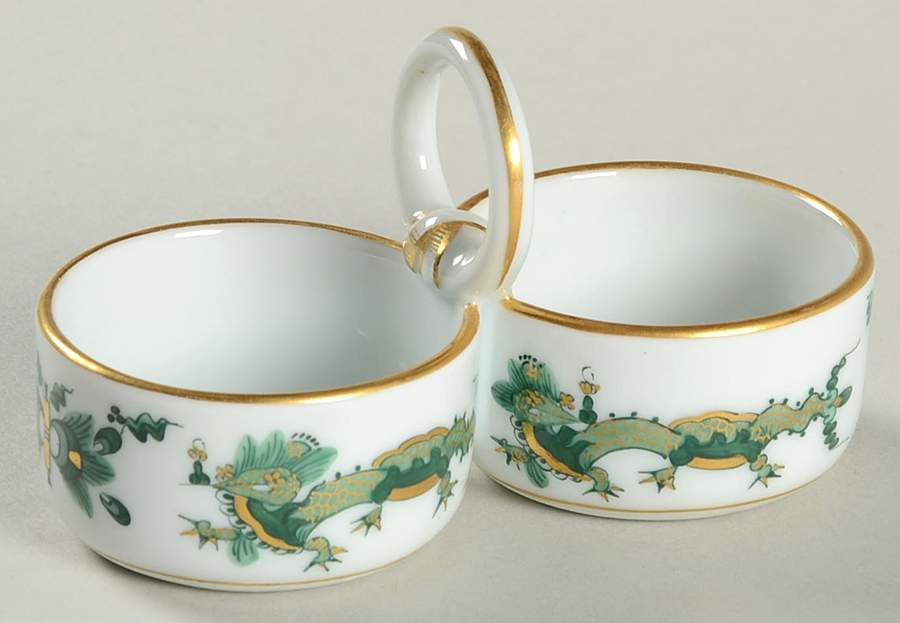 Dragon Green Twin Salt Dip W/Center Handle by Meissen (Germany)-1