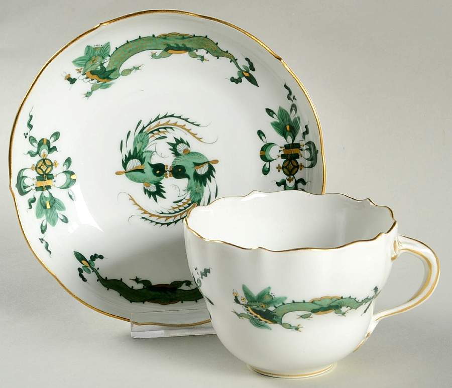 Dragon Green Flat Cup & Saucer Set by Meissen (Germany)-1