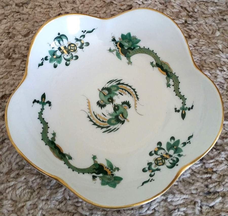 Dragon Green Small Round Fluted Bowl by Meissen (Germany)-1