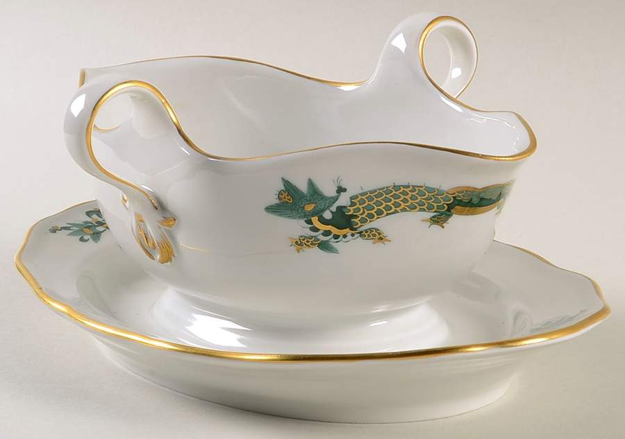 Dragon Green Gravy Boat with Attached Underplate by Meissen (Germany)-1