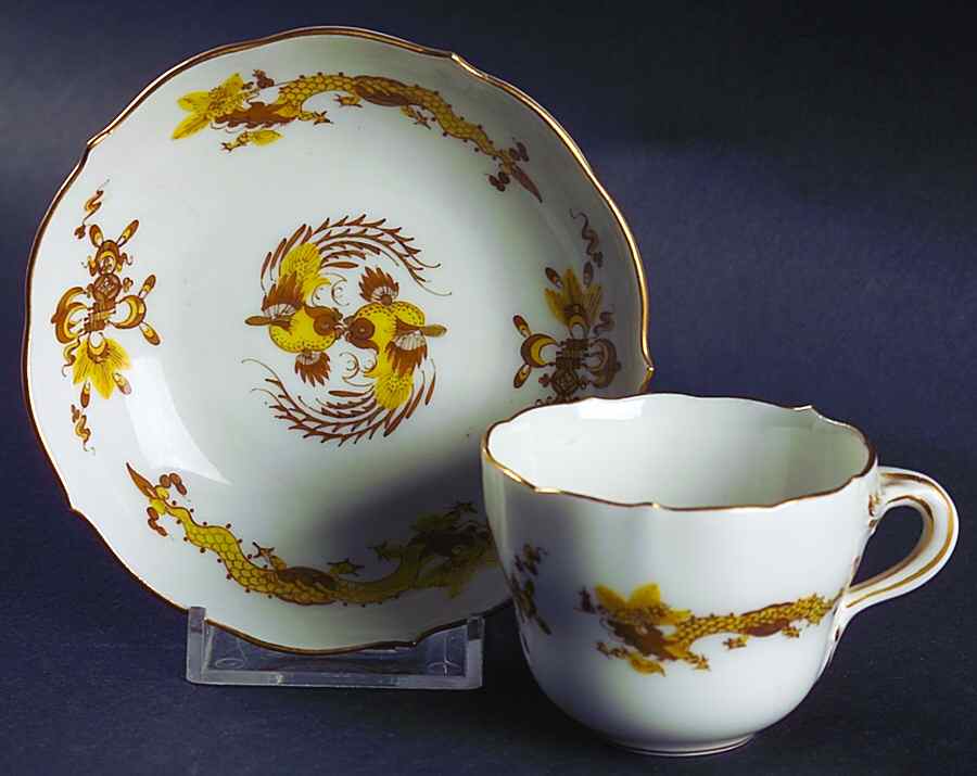 Dragon Yellow (Gold Accent) Flat Demitasse Cup & Saucer Set by Meissen (Germany)-1
