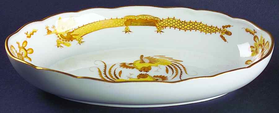 Dragon Yellow (Gold Accent) 9" Oval Vegetable Bowl by Meissen (Germany)-1