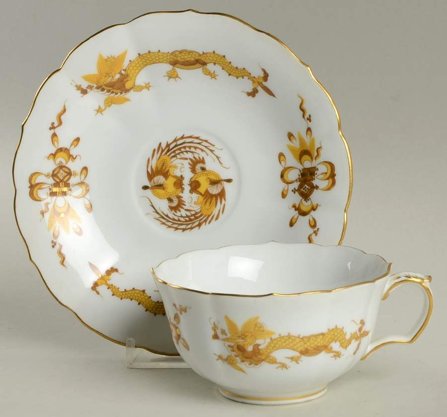 Dragon Yellow (Gold Accent) Flat Cup & Saucer Set by Meissen (Germany)-1