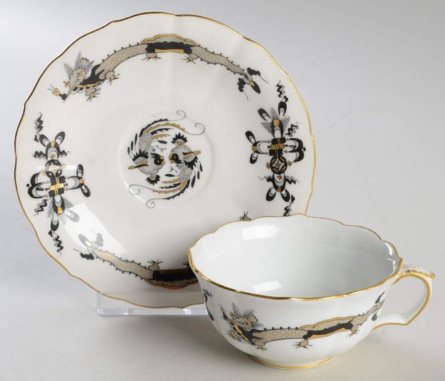 Dragon Black (Gold Accent) Flat Cup & Saucer Set by Meissen (Germany)-1