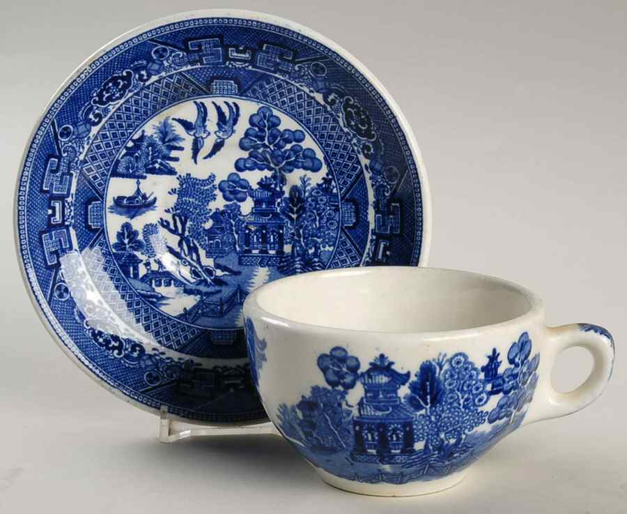 Willow Blue (No Gold Trim) Flat Cup & Saucer Set by John Maddock & Sons-1
