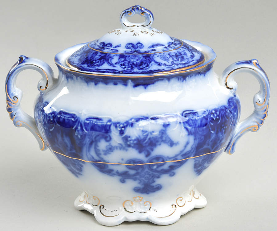 Dainty (Gold Trim, Flow Blue) Sugar Bowl & Lid by John Maddock & Sons-1
