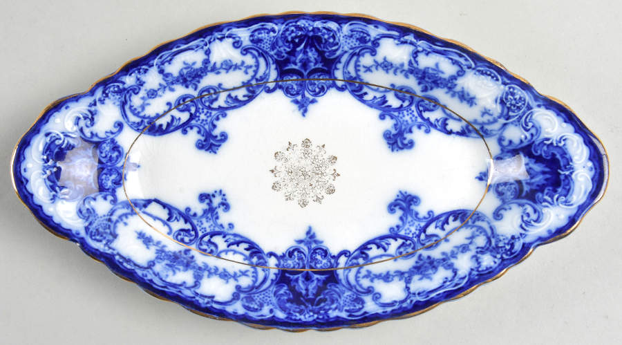 Dainty (Gold Trim, Flow Blue) Relish/Gravy Underplate by John Maddock & Sons-1