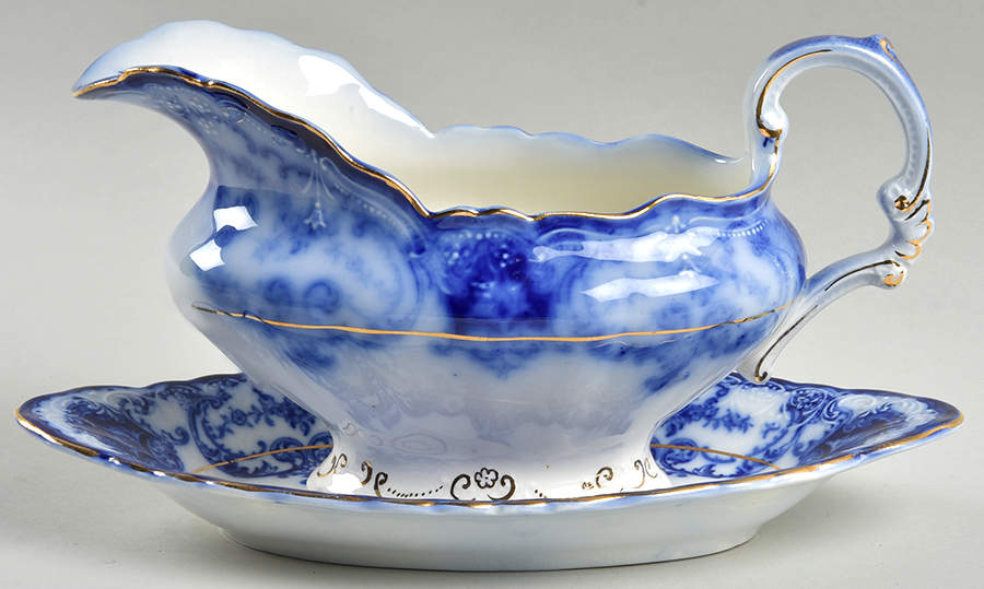 Dainty (Gold Trim, Flow Blue) Gravy Boat & Underplate/Relish by John Maddock & Sons-1