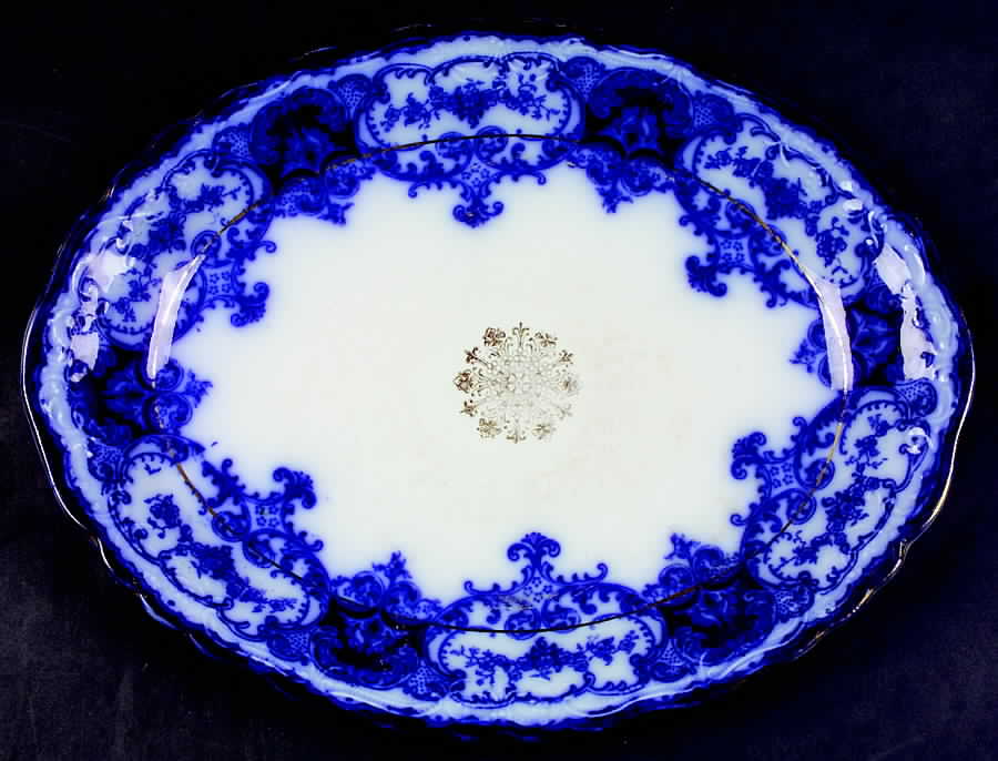 Dainty (Gold Trim, Flow Blue) 12" Oval Serving Platter by John Maddock & Sons-1