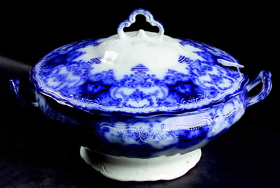 Dainty (Gold Trim, Flow Blue) Tureen &  Lid by John Maddock & Sons-1