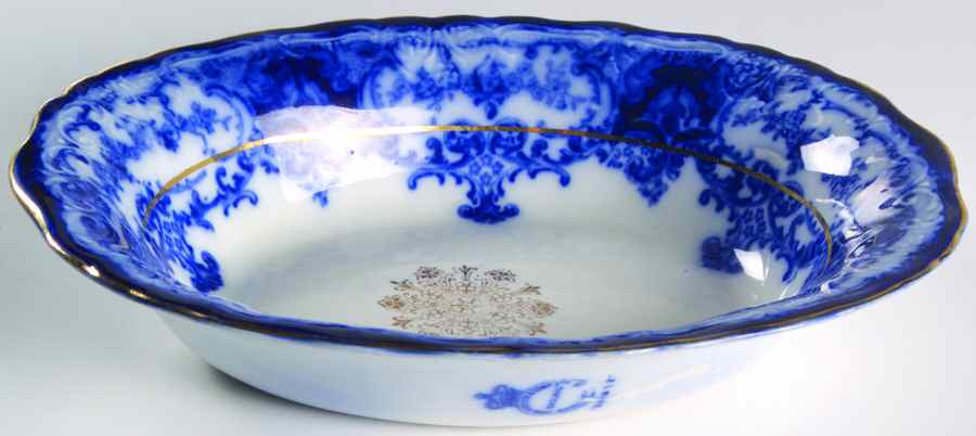 Dainty (Gold Trim, Flow Blue) 8" Oval Vegetable Bowl by John Maddock & Sons-1