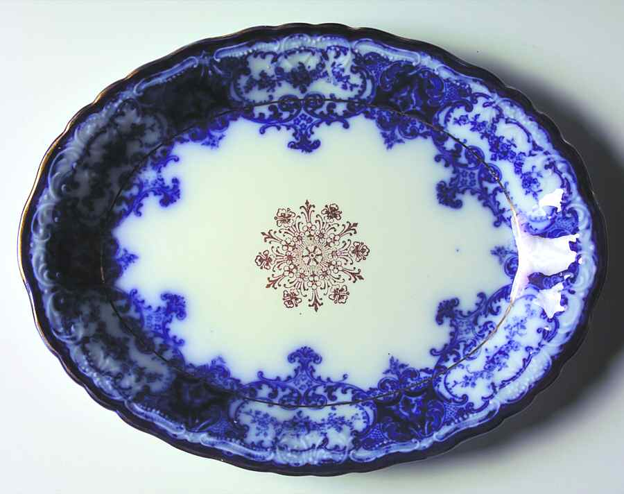 Dainty (Gold Trim, Flow Blue) 10" Oval Serving Platter by John Maddock & Sons-1