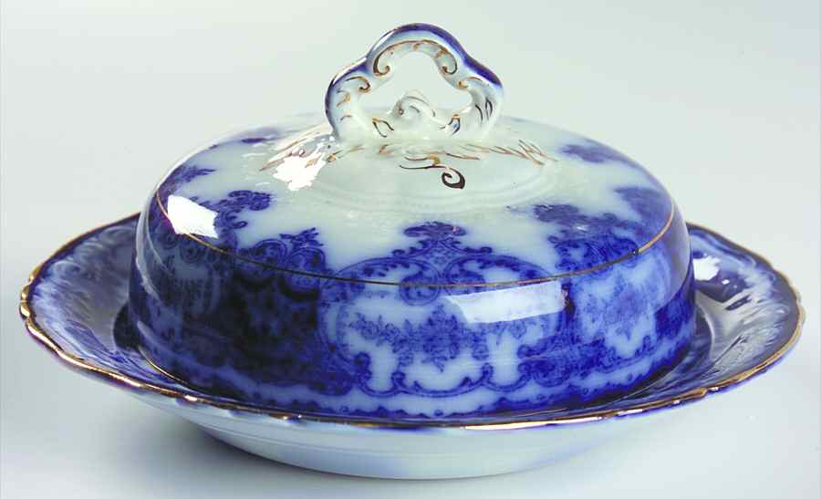 Dainty (Gold Trim, Flow Blue) Round Covered Butter by John Maddock & Sons-1