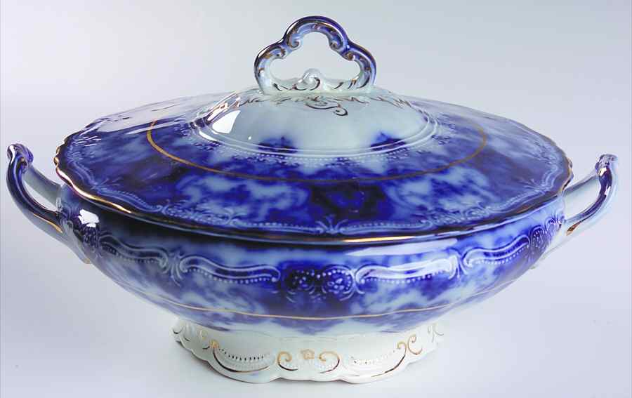 Dainty (Gold Trim, Flow Blue) Round Covered Vegetable by John Maddock & Sons-1