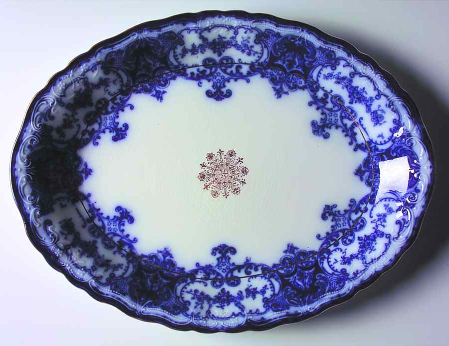 Dainty (Gold Trim, Flow Blue) 16" Oval Serving Platter by John Maddock & Sons-1