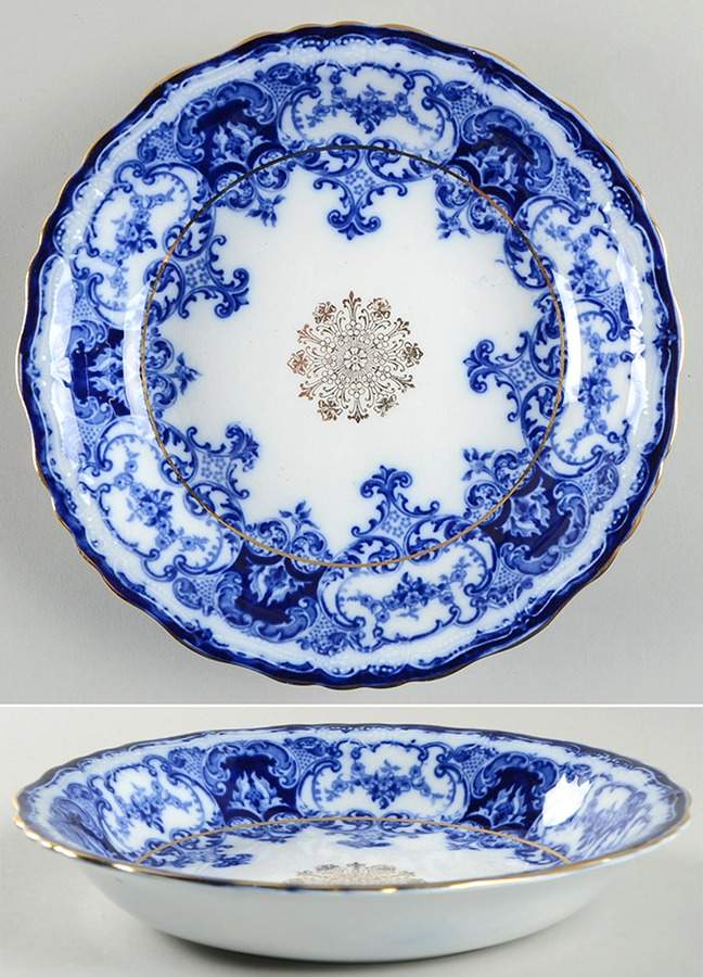Dainty (Gold Trim, Flow Blue) Coupe Soup Bowl by John Maddock & Sons-1