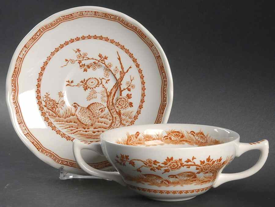 Quail Brown Flat Cream Soup Bowl & Saucer Set by Mason's-1