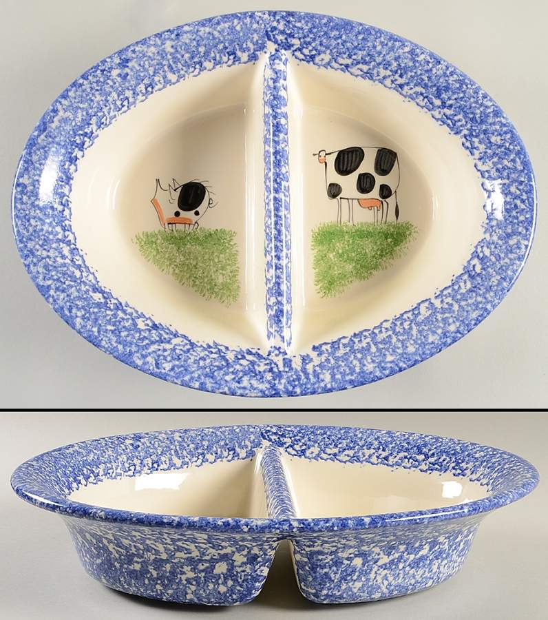 Molly's Cows Blue 13" Oval Divided Vegetable Bowl by Molly Dallas-1