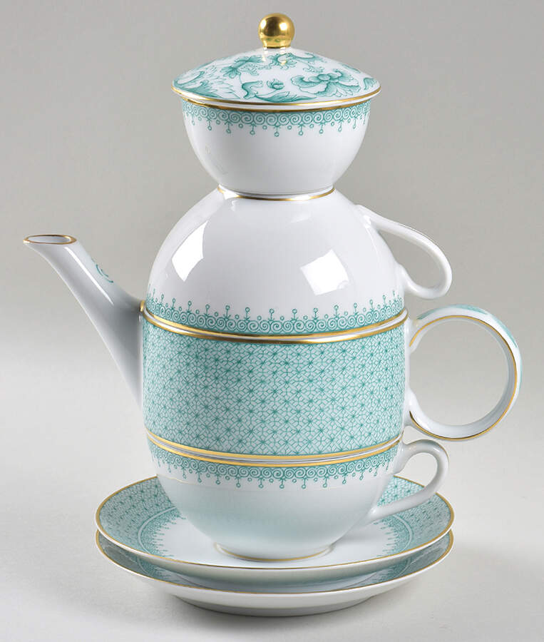 Green Lace Tea for Two (Teapot, 2 Cup/Saucer, Tea Bag Holder) by Mottahedeh-1