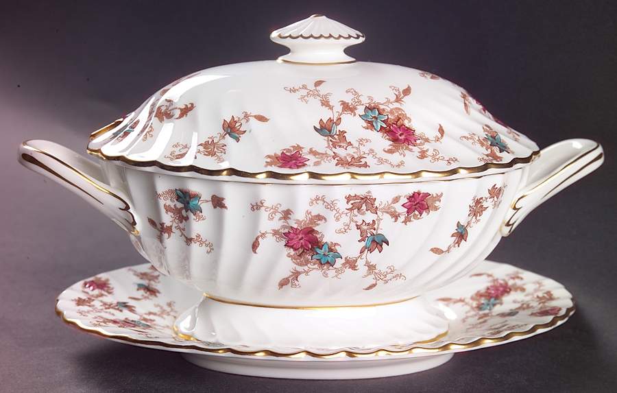 Ancestral (Wreath Backstamp) Gravy Boat & Lid w/Underplate by Minton-1