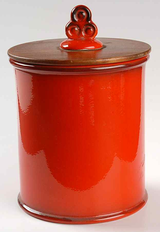 Red Rooster Red Large Canister & Wood Lid by Metlox - Poppytrail - Vernon-1