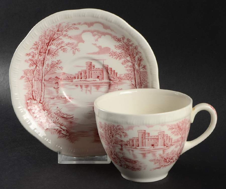 Queens Castle Pink Flat Cup & Saucer Set by Alfred Meakin-1