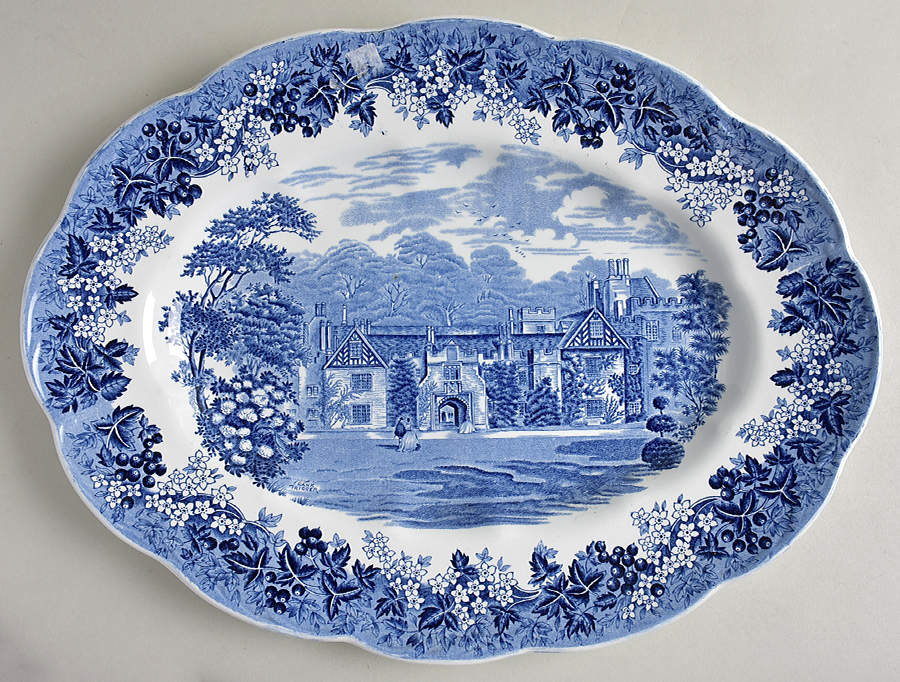 Romantic England Blue (Shield Backstamp) 16" Oval Serving Platter by J & G Meakin-1